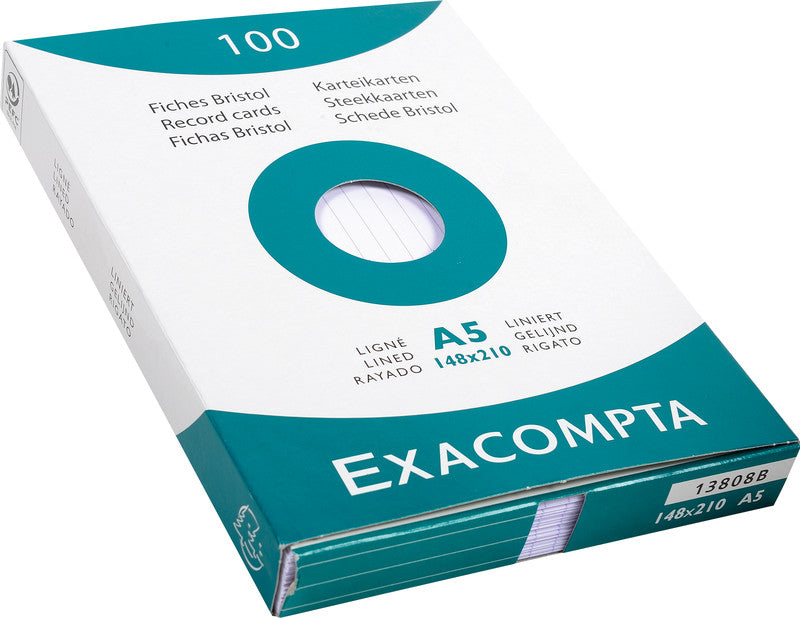 Exacompta Karteikarte A5 quer, liniert, weiss, 205 g/m², Karteikarton – 100 Stück