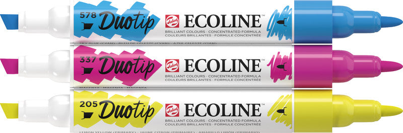 Ecoline Talens Ecoline Brush Pen Duotip – Keilspitze 6 mm, Rundspitze 1-2 mm – sortiert – 3er-Set – wasservermalbar