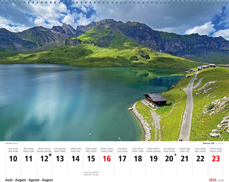 Novos Bildkalender Schweiz 2026 – 25,5 × 20,5 cm – 2 Wochen pro Blatt – mit Aufhänger, mit Kartonrückwand