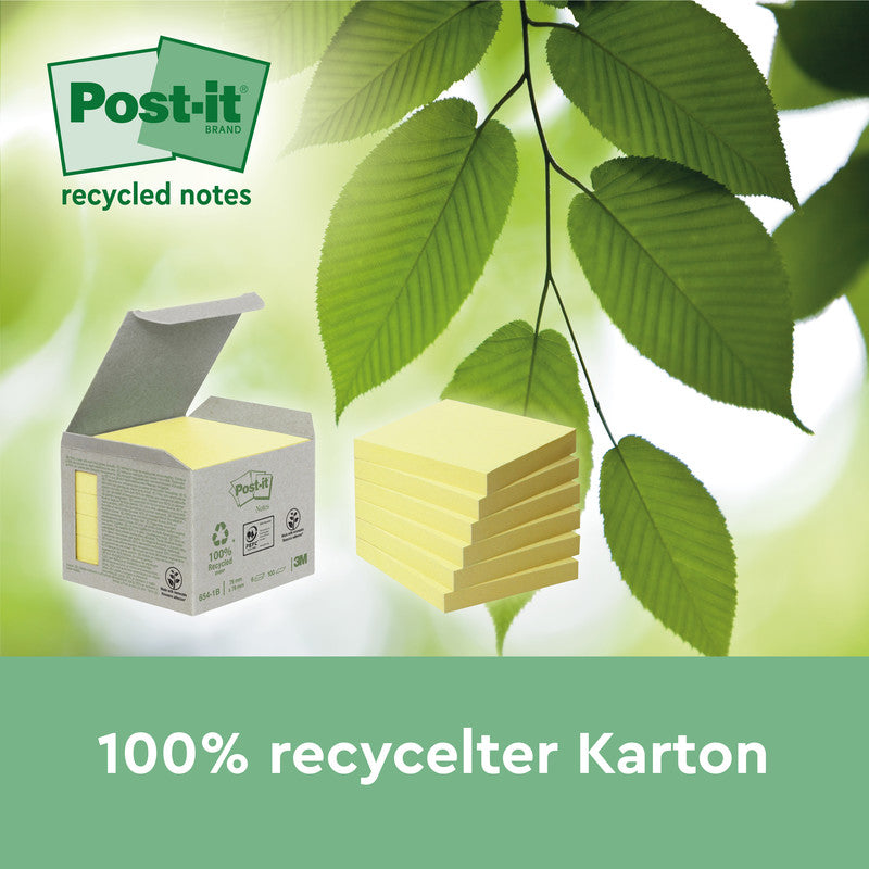 3M Haftnotizen Recycling Tower – 76×76 mm – Gelb, 6×100 Blatt, PEFC