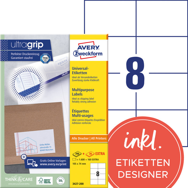 Avery UltraGrip Etiketten, 105 mm × 74 mm, weiss, Papier, permanent, 1760 Etiketten (220 Blätter)