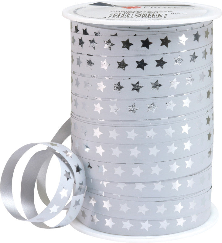Präsent Geschenkband Christmas Star – Rainbow – Kunststoff – 10 mm × 100 m – Weiss/Silber
