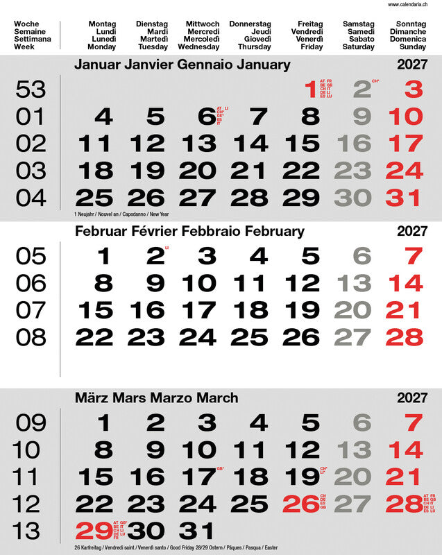 Calendaria 3-Monats-Kalender, 3 Monate pro Seite, 2027, 31 × 40 cm, d/f/i/gb, Spiralbindung, mit Datumsschieber