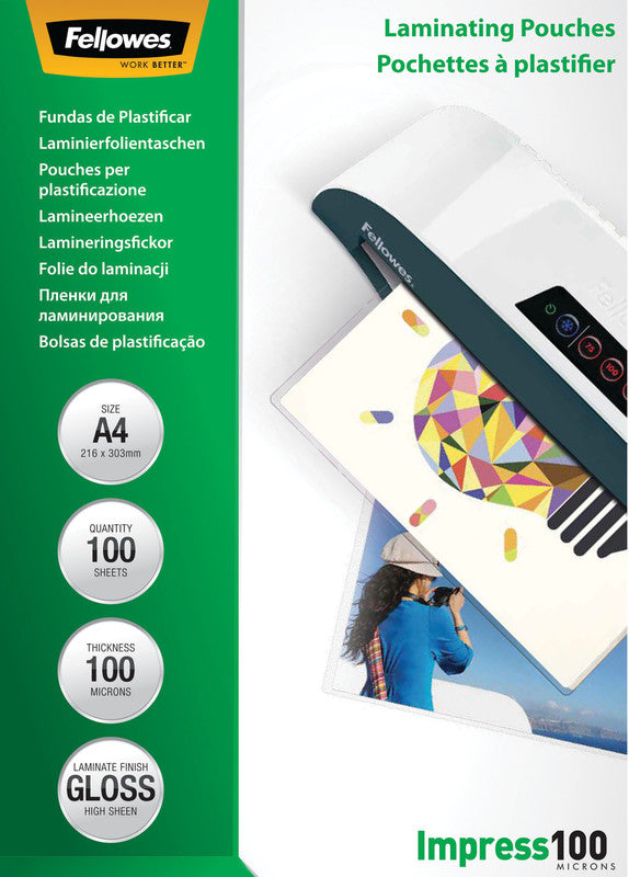 Fellowes Laminierfolien A4, glänzend – 100 µm, 216 × 303 mm, 100 Stk.