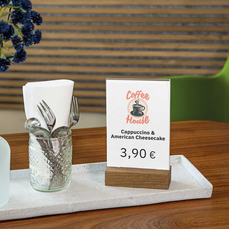 Sigel Tischaufsteller – für A6 Hochformat, 1 Blatt, Transparent, Acryl/Eiche