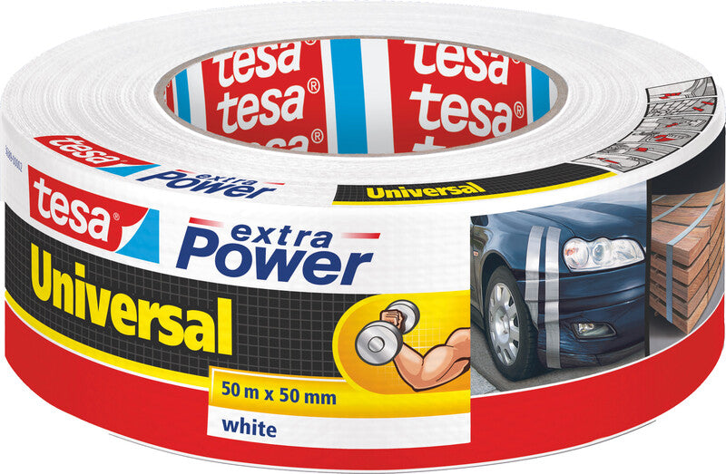 tesa Gewebeband Extra Power Universal – 50 mm × 50 m, weiss, extra stark, recycelt