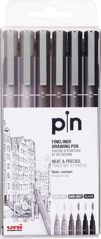 Uni-Ball Fineliner – 6er-Set – 3 Farben, sortiert – wasserfest