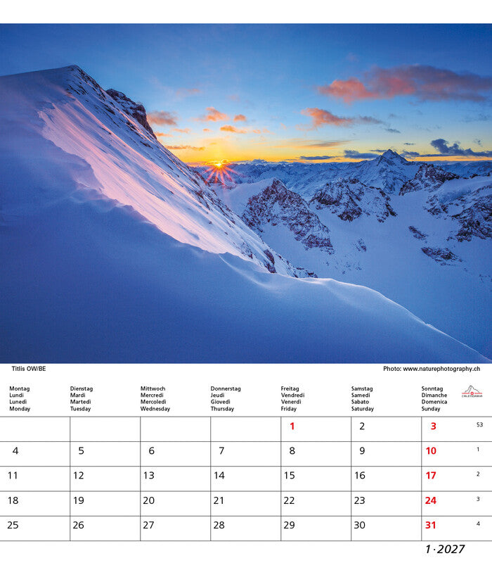 Calendaria Bildkalender Schweiz 2027 – 21 × 24 cm – Kalendarium d/f/i/e