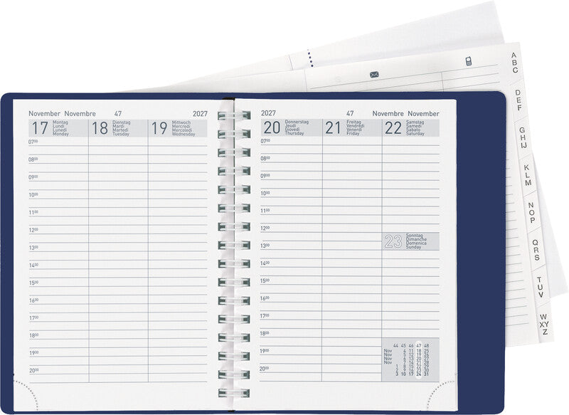 Biella Rex Agenda – 1 Woche/2 Seiten, Wire-O, 10,1 × 14,2 cm, 2027, mehrsprachig, Dunkelblau, FSC