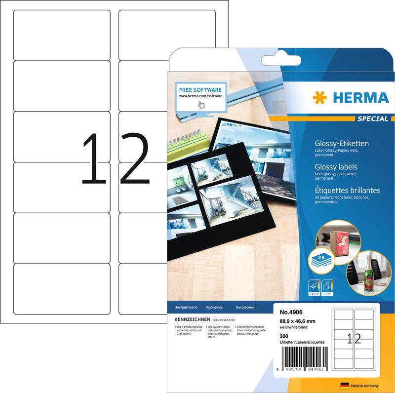 HERMA Bogenetiketten, 89 mm × 47 mm, weiss, Papier, permanent, 25 Blätter