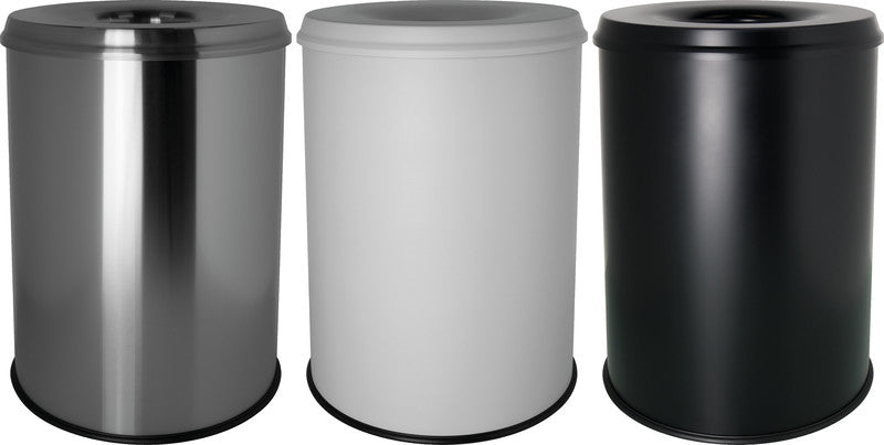 Helit Sicherheitspapierkorb – 15 l – Stahl, lichtgrau – Ø 260 × H 335 mm – Löschkopf, selbstlöschend, TÜV/GS