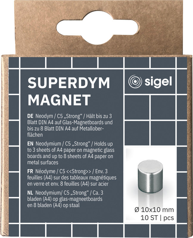 Sigel Zylindermagnet – Silber – Ø 10 mm, H 10 mm, 10 Stück – für Glas-Magnetboards – Stahl