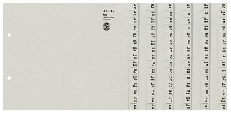 Leitz Register – teildeckend, Papier, grau, vorgedruckt, 2-fach gelocht, für A4 hoch überbreit