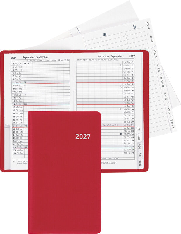 Biella Planer Paris Agenda – 1 Monat/2 Seiten, geheftet, 7,5 × 12,6 cm, 15 Monate Okt–Dez, weinrot, PEFC