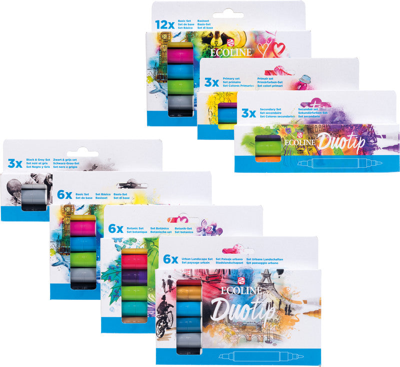 Ecoline Non-Permanent-Marker Duotip – Keilspitze 6 mm, Rundspitze 1-2 mm – sortiert – 6er-Set – wasservermalbar