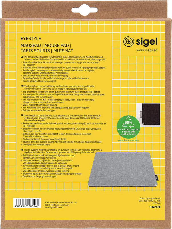 Sigel Eyestyle Mausmatte – Hellgrau/Schwarz, 250 × 200 × 7 mm