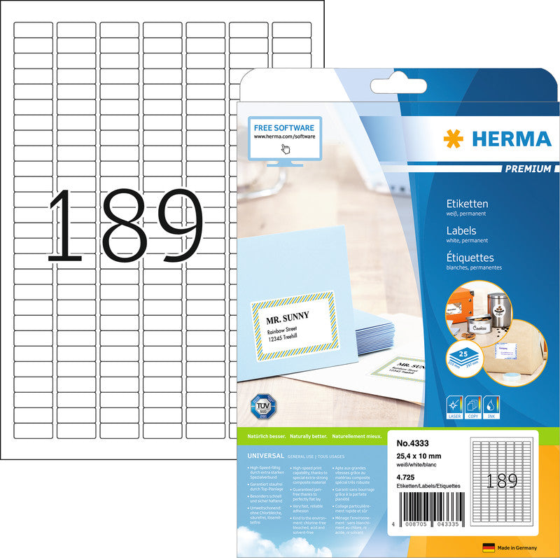 HERMA Druckeretiketten, 25 mm × 10 mm, weiss, Papier, permanent, 25 Blätter (4'725 Etiketten)