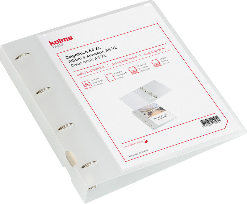 Kolma Sichtbuch Vario XL – A4, mit Fronttasche, 4-Ring-Bügelmechanik, transparent, Kunststoff