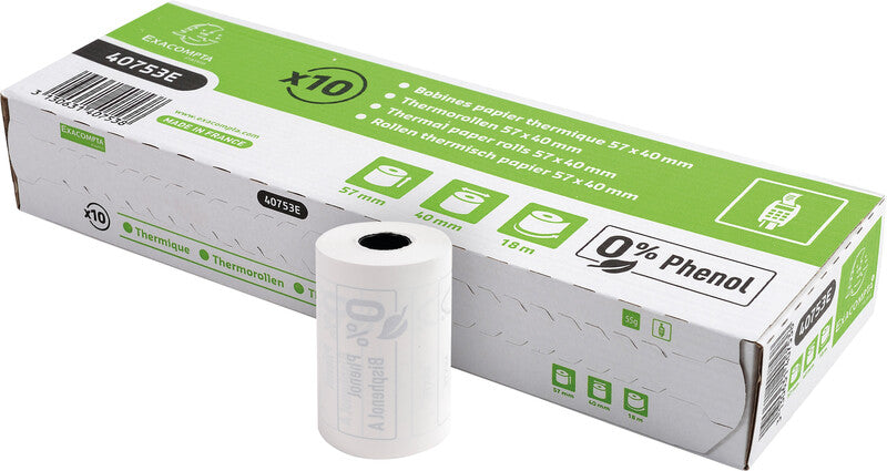 Exacompta Thermorolle 57 × 40 × 12 mm, 18 m, 52 g/m², phenolfrei, weiss