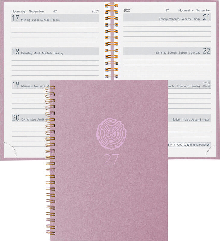 Biella Memento Agenda – 1 Woche/2 Seiten, Spiralbindung, 10,1 × 14,2 cm, 2027, Mehrsprachig, Rosa