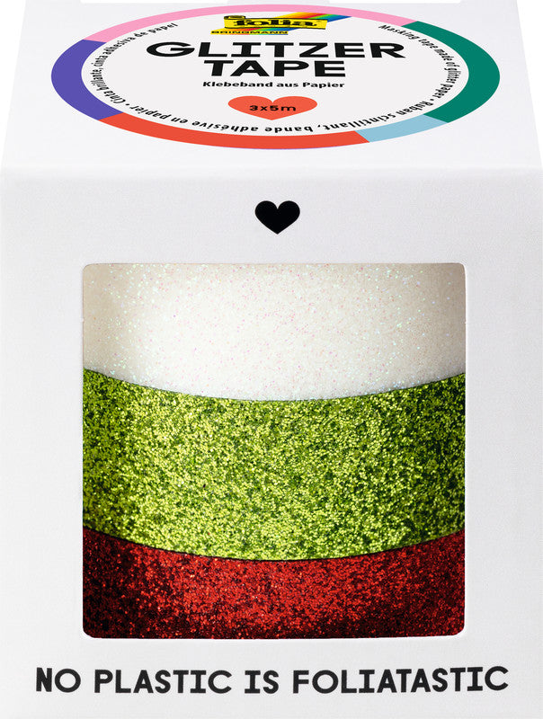 Folia Washi Tape, selbstklebend, Glitter – mehrfarbig – 15 mm × 5 m, 3er Set – Kunststoff