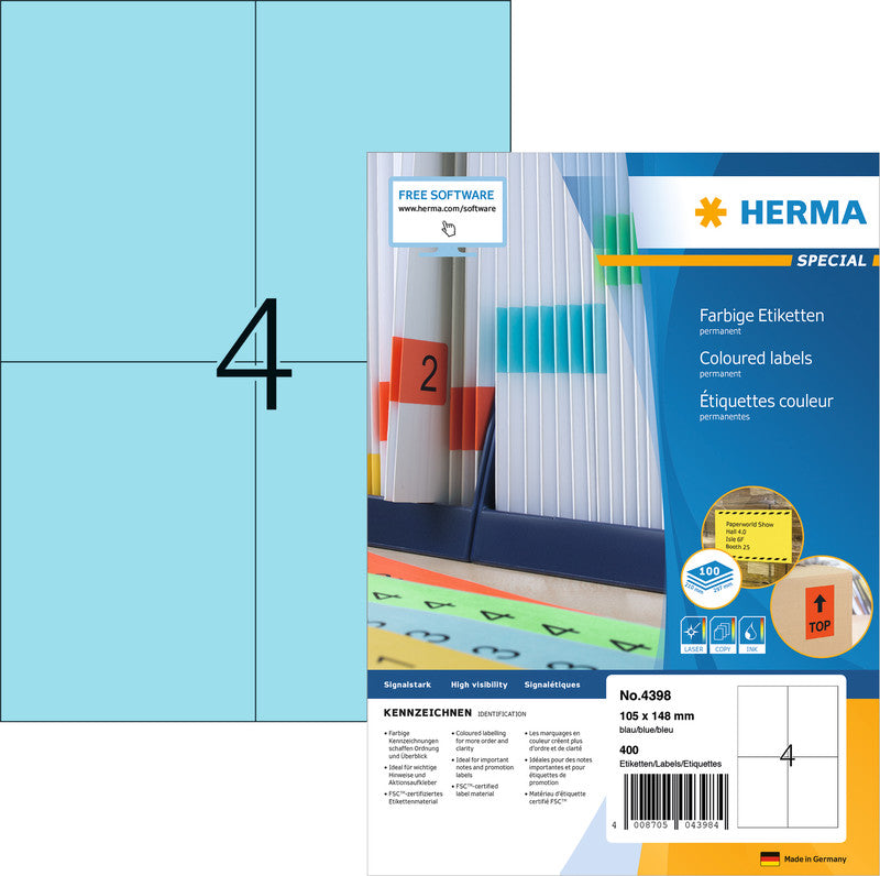 HERMA Etiketten auf Bogen, 105 mm × 148 mm, blau, Papier, permanent, 400 Etiketten (100 Blatt)