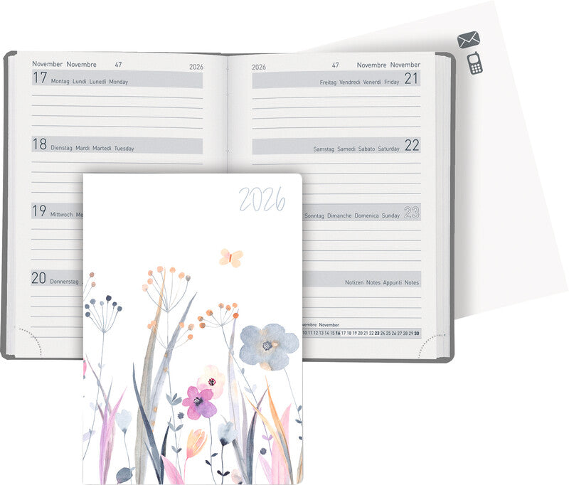 Biella Memento Trend Agenda – 1 Woche/2 Seiten, gebunden, 10,1 × 14,2 cm, Jan–Dez, Wildflower, FSC