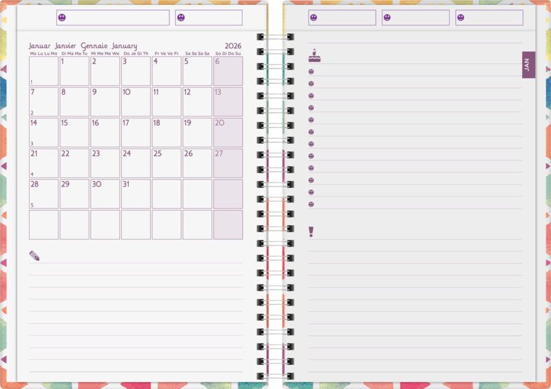 Biella Agenda – 1 Woche/2 Seiten, Spiralbindung, 14,5 × 20,5 cm, 2026, mehrsprachig, Dreiecke, FSC