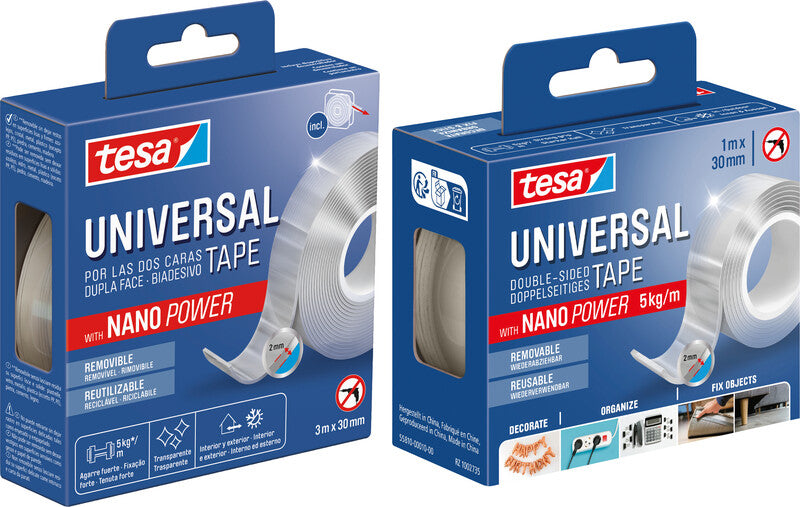 TESA Doppelseitiges Klebeband – 30 mm × 1 m, transparent, Kunststoff, wiederablösbar, wiederverwendbar