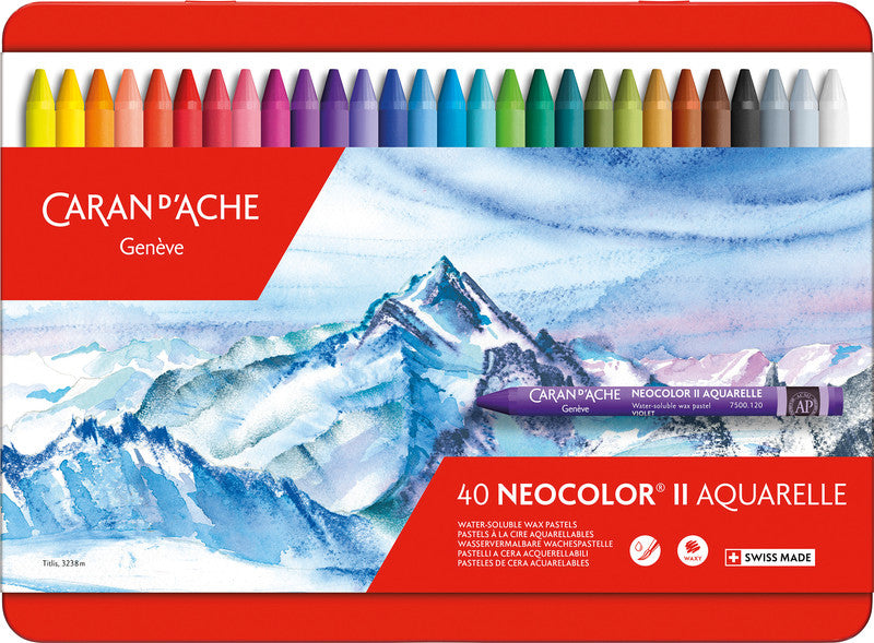 Caran d-Ache Caran d'Ache Neocolor II Aquarellfarbstifte-Set – 40 Farben, Mine Ø 8,6 mm, Metallschachtel