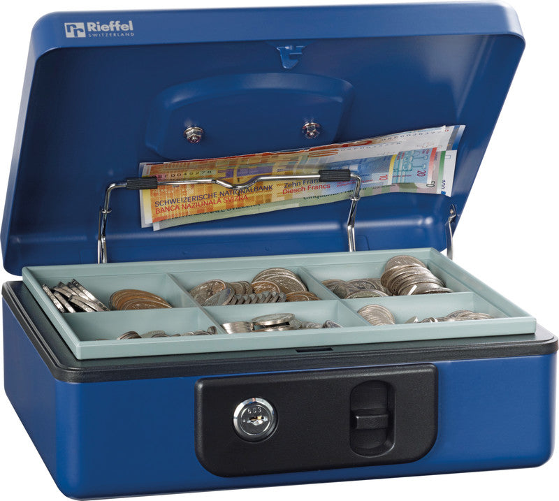 Rieffel Geldkassette – mit Schlüssel – 19,7 × 15,4 × 8,6 cm – Blau – Stahl