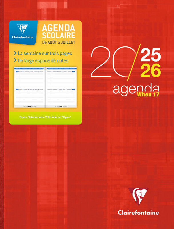 Clairefontaine When 17 Schüleragenda – 1 Woche/3 Seiten, gebunden, 17 × 22 cm, Aug–Jul, mehrsprachig, PEFC