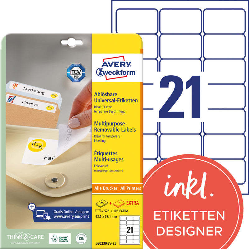 Avery Drucketiketten, 64 mm × 38 mm, weiss, Papier, wiederablösbar, 630 Etiketten (30 Blatt)