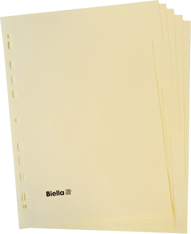 Biella Register – A4, 5-teilig, Karton, gelb, unbedruckt, 4-fach Lochung, mit recyceltem Anteil