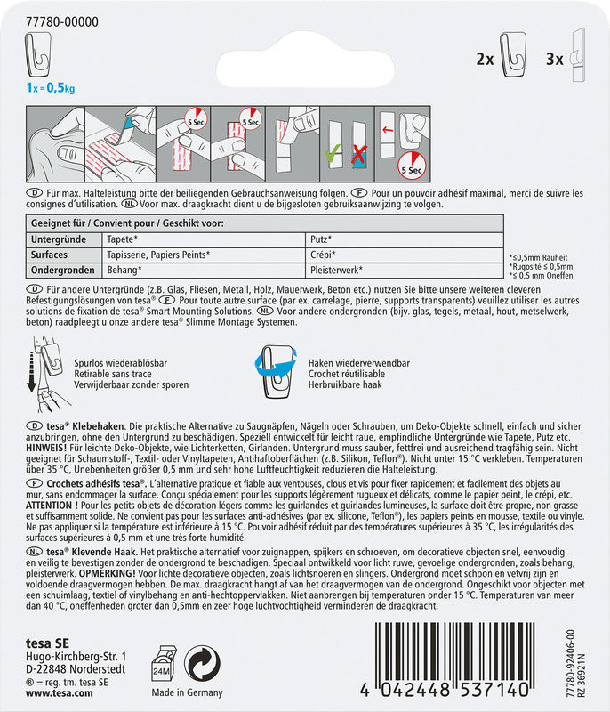 TESA Klebehaken – Kunststoff, weiss, 12 × 14 × 2,0 cm – 2er-Pack