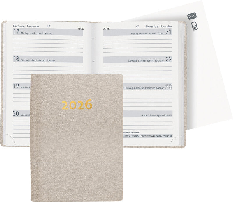 Biella Memento Agenda – 1 Woche/2 Seiten, gebunden, 10,1 × 14,2 cm, Jan–Dez 2026, mehrsprachig, beige, FSC