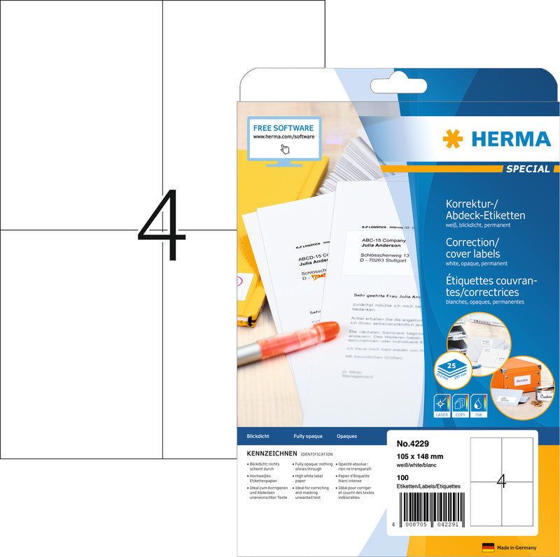 HERMA Druckeretiketten, 105 mm × 148 mm, weiss, Papier, permanent, 25 Blatt
