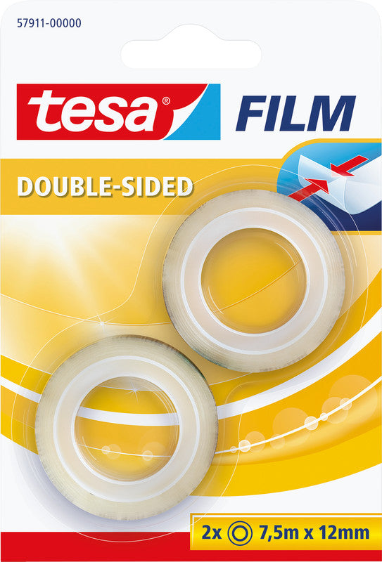 TESA Doppelseitiges Klebeband – permanent, Kunststoff, 12 mm × 7,5 m, transparent, Kern Ø 26 mm, 2 Rollen