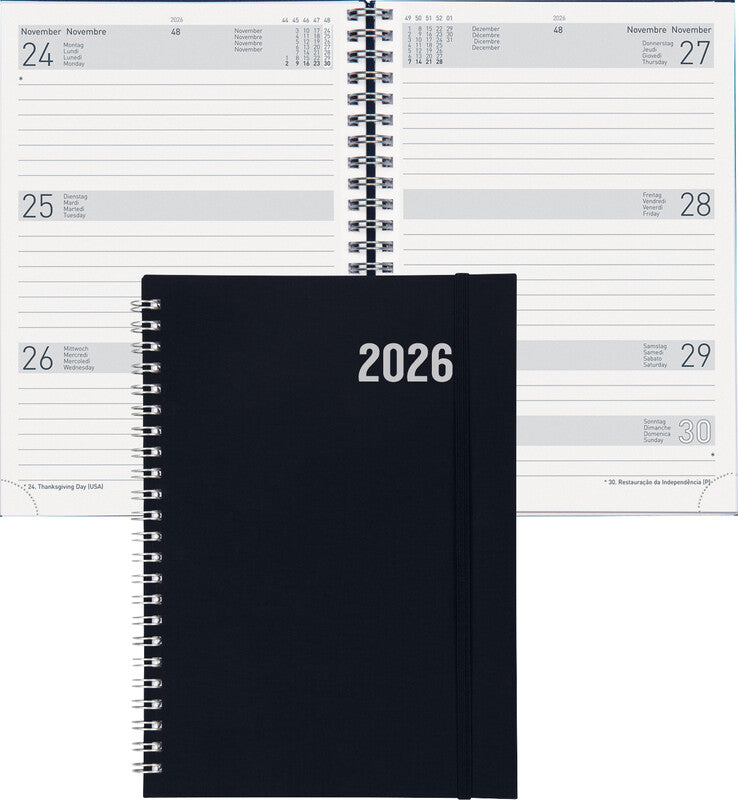 Biella Agenda – 1 Woche/2 Seiten, Wire-O, 14,5 × 20,5 cm, 2026, schwarz, FSC