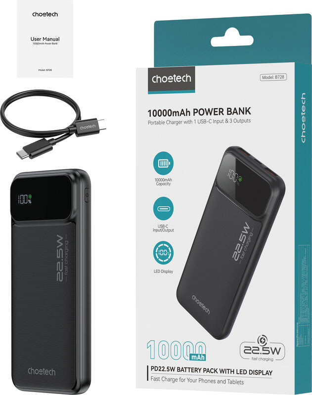 Choetech Powerbank 10000 mAh, 1× USB-C, 2× USB-A, für Smartphones, Tablets, Notebooks, Schwarz