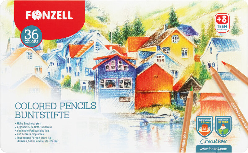 Fonzell Creative Farbstifte-Set – 36 Farben, rund, Mine Ø 3,3 mm, Metallschachtel