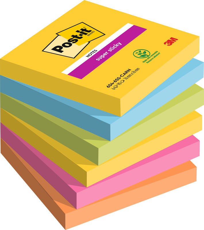 Post-it Super Sticky Haftnotizen – 76×76 mm – sortiert, 6×90 Blatt, PEFC