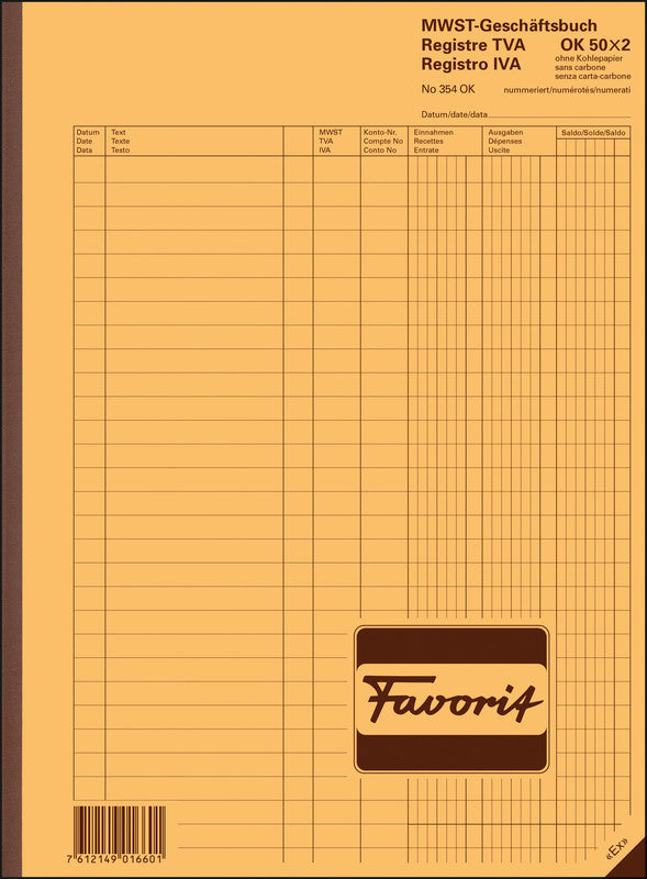 Favorit Formularblock – MWST-Geschäftsbuch, mehrsprachig, 50 Blatt, A4