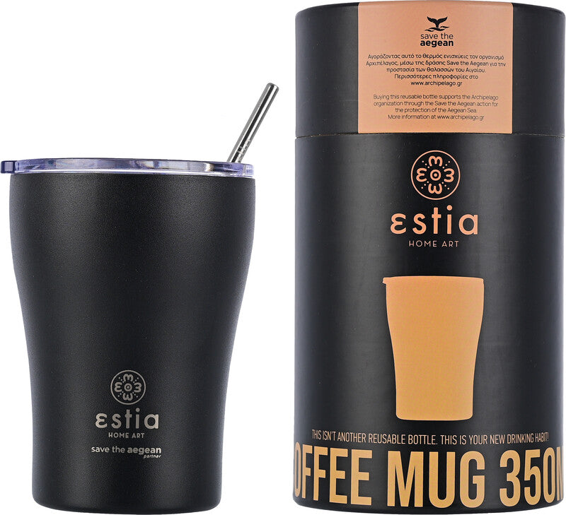 Estia Trinkbecher – 350 ml, Ø 9,0 cm, H 13,0 cm, Edelstahl, Schwarz, Druckverschluss, doppelwandig, BPA-frei
