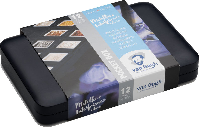 Van Gogh Pocket Box – Aquarellfarben – Set, 12 Farben, metallic & perleffekt, inkl. Schwamm & Pinsel