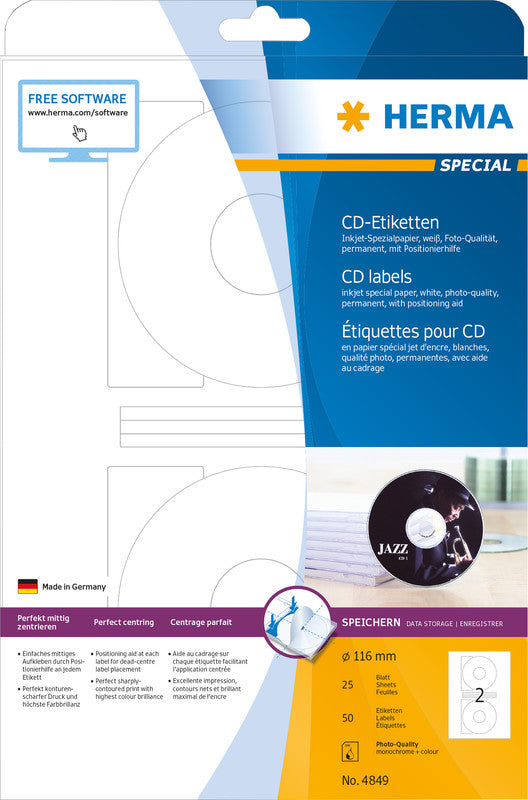 HERMA CD-Etiketten, Ø 116 mm, weiss, Papier, permanent, für Inkjetdrucker, 25 Blatt (50 Etiketten)