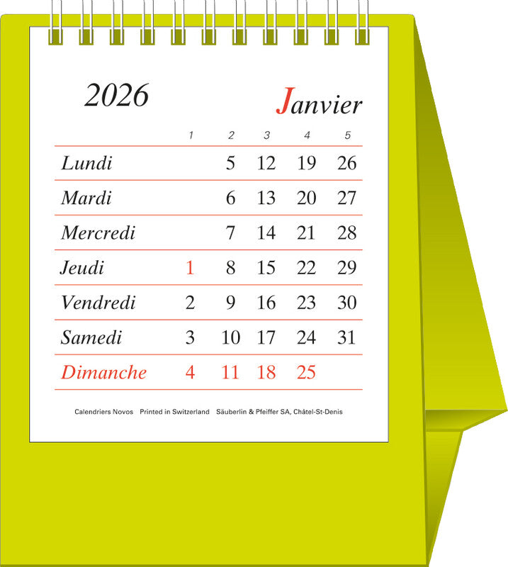 Novos Wochenplaner – 1 Monat pro Seite, Spiralbindung, 12 × 14 cm, Jan–Dez 2026, mit Ständer, Französisch, PEFC
