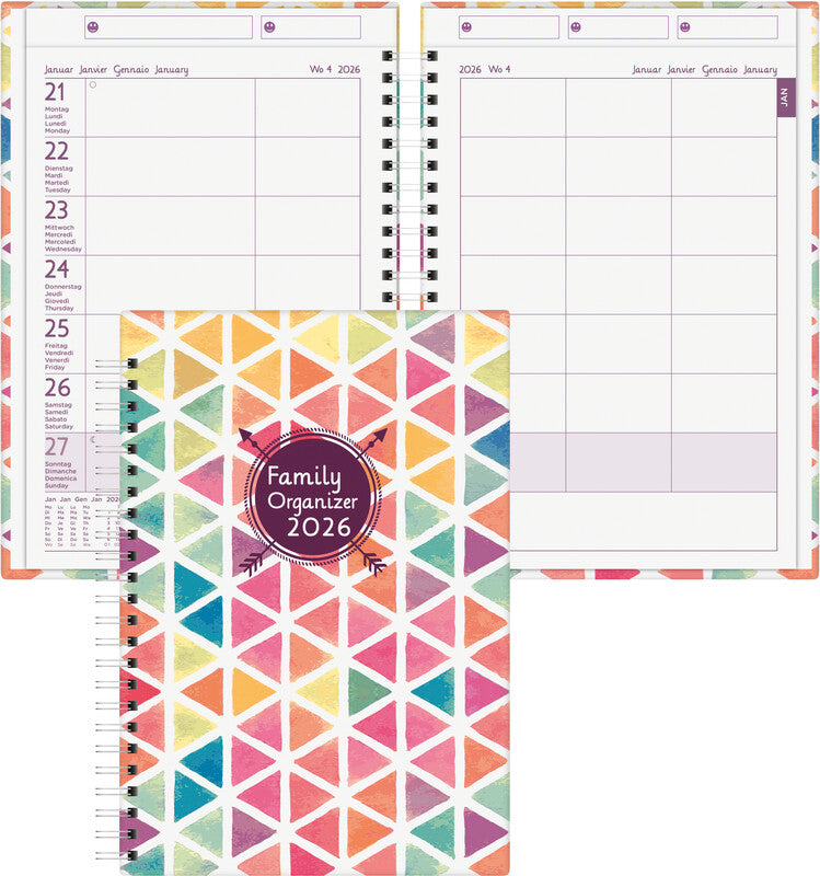 Biella Agenda – 1 Woche/2 Seiten, Spiralbindung, 14,5 × 20,5 cm, 2026, mehrsprachig, Dreiecke, FSC