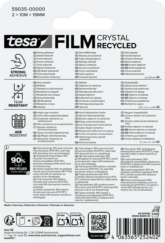 TESA Büro-Klebeband eco & crystal – permanent, Kunststoff, 19 mm × 10 m, 2 Rollen