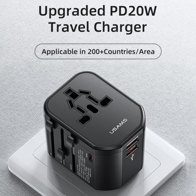 Usams Reiseadapter T59 – 52,7 × 54,8 mm, Schwarz, 2× USB-A, 1× USB-C, 20 W, für 2- und 3-polige Geräte